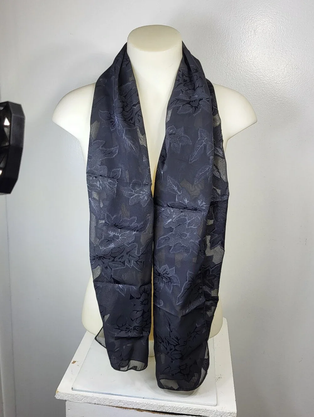 E. Amster Satin Elegant Black Floral Sheer Scarf With Scrunchy